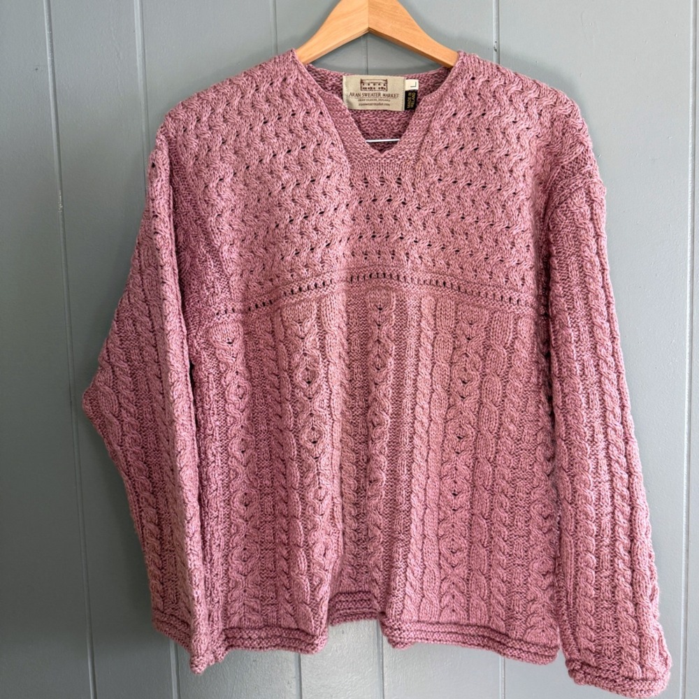Aran Sweater Market Mauve/Lilac Merino Wool Cable Knit V-Neck Cottagecore Size L